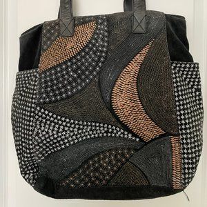 Anthro Jasper & Jeera Black Embroidered Suede Tote